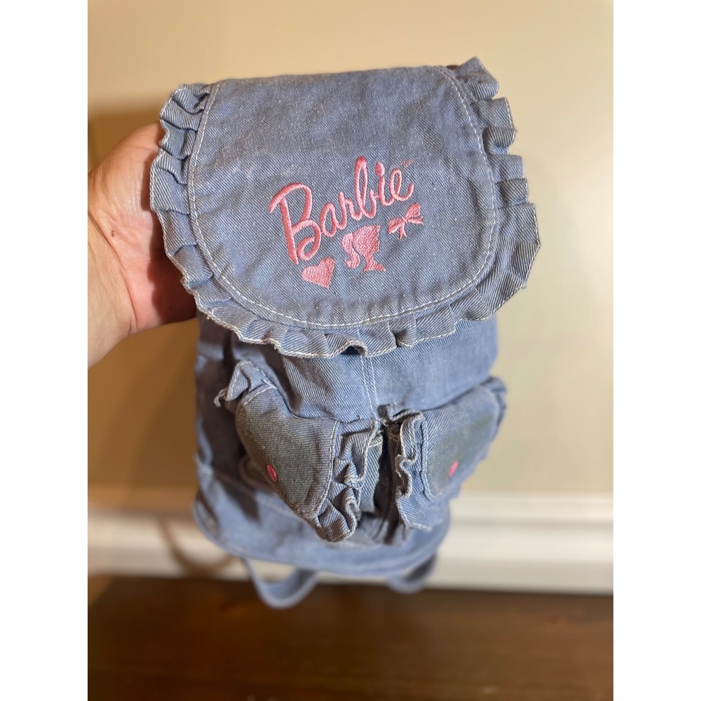Vintage Barbie Mini Backpack Blue Denim Ruffle Pink Logo Y2K 90s Small Bag